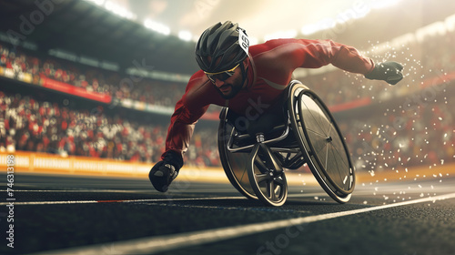 The portrayal of a Paralympic athlete fiercely competing in a wheelchair race on an athletic track, showcasing the power and agility required in the moment, AI Generative photo