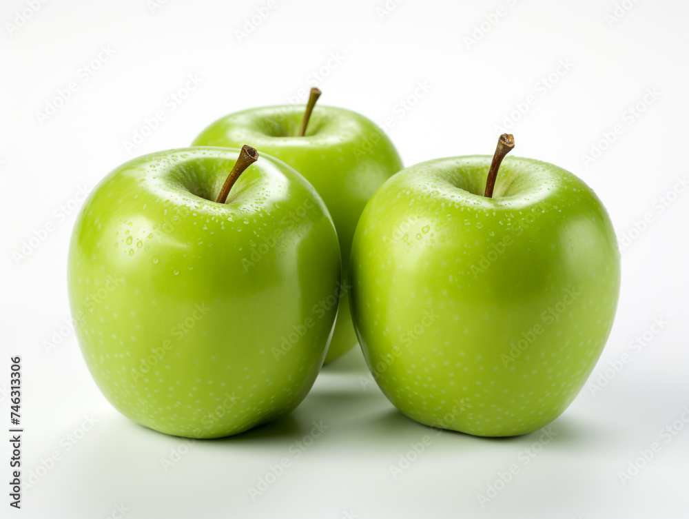 Three crisp green apples with water droplets, highlighting their freshness and juicy texture. Three crisp green apples with water droplets, highlighting their freshness and juicy texture.
