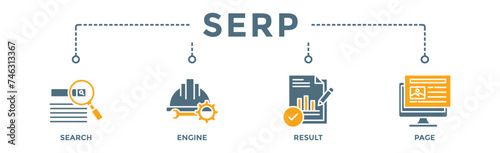 SERP banner web icon illustration concept for search engine result page with icon of web search, computer, search engine, mobile search, page result, and statistics graph
