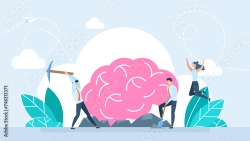 Tiny people acquire knowledge. Excavation of the brain. Concept of advanced training, graduation, completion of training. Acquiring knowledge. Self-education. Learning by heart. Vector illustration