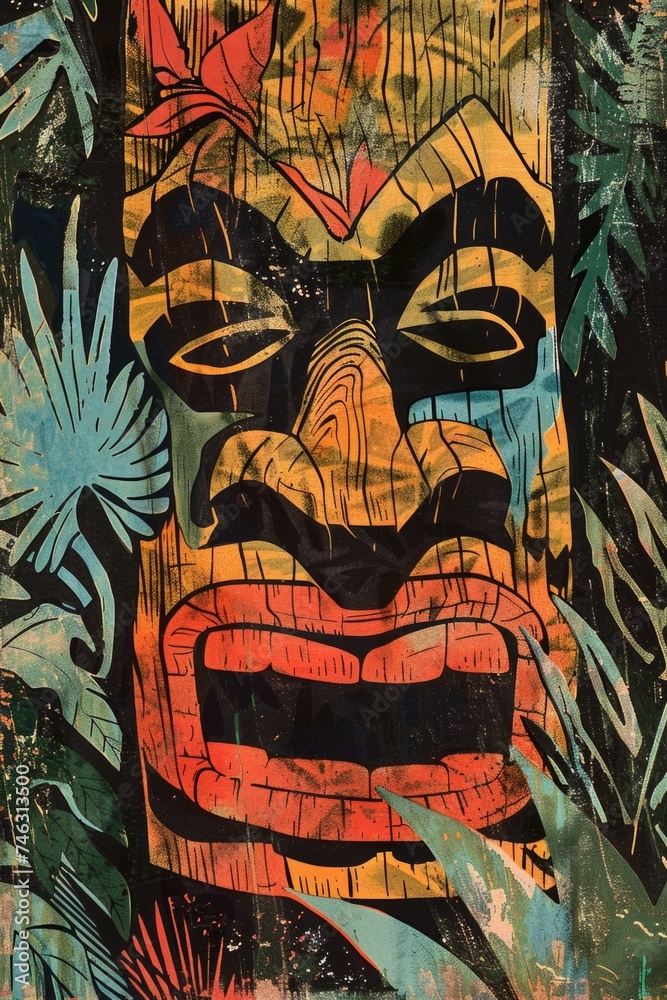 Abstract tribal mask illustration with tropical foliage. Abstract tribal mask illustration with tropical foliage.