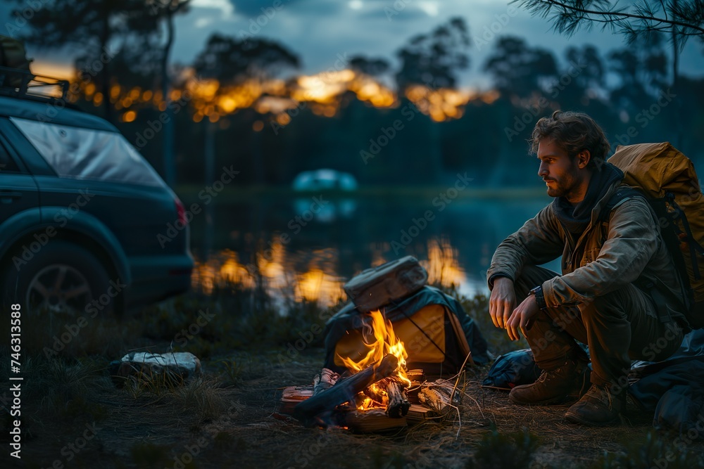 Man Warms Himself By The Fire. Illustration On The Theme Of Travel And Tourism, Recreation And Achievements, Man And Nature. Generative AI Man Warms Himself By The Fire. Illustration On The Theme Of Travel And Tourism, Recreation And Achievements, Man And Nature. Generative AI