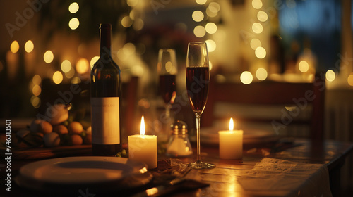 Evening Serenade: Intimate Candlelit Dinner with Wine, generative AI photo