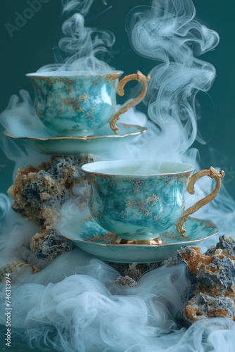 Vintage teacups with steam and cookies on a turquoise background.