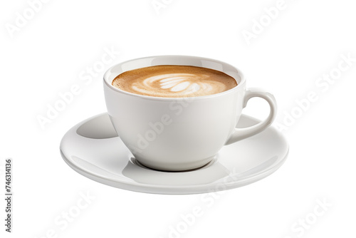 A Cup of Coffee on a Saucer. A cup of coffee sits on a saucer. The steam rises from the hot liquid, creating a simple yet inviting scene. On PNG Transparent Clear Background.