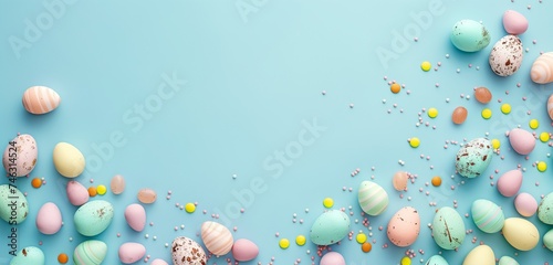 Easter candy chocolate eggs and jellybean sweets isolated on trendy pastel blue background