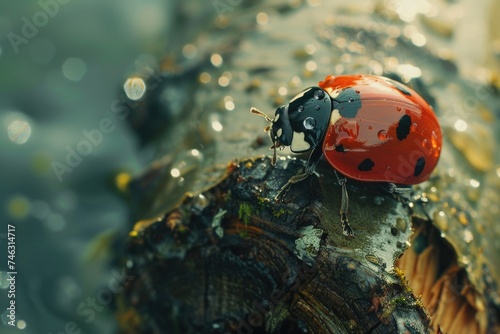 Macro Shot of a Wet Ladybug on a Mossy Log. Nature and Wildlife Concept.