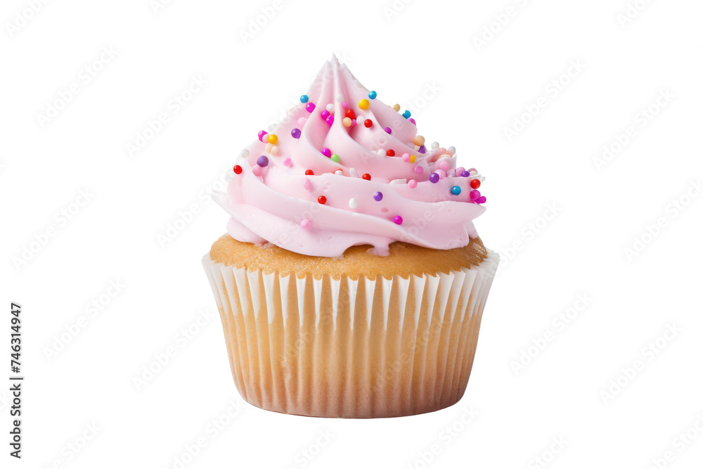 Cupcake With Pink Frosting and Sprinkles. A single cupcake with vibrant pink frosting and colorful sprinkles on top. On PNG Transparent Clear Background.