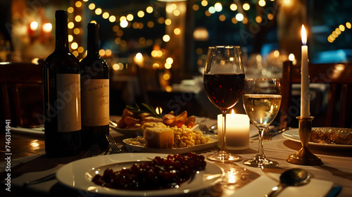 Romantic Candlelit Dinner  Cozy Evening for Two with Wine Glasses  generative AI