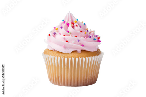 Cupcake With Pink Frosting and Sprinkles. A single cupcake with vibrant pink frosting and colorful sprinkles on top. On PNG Transparent Clear Background.