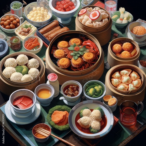 Various dishes and ingredients displayed on the table