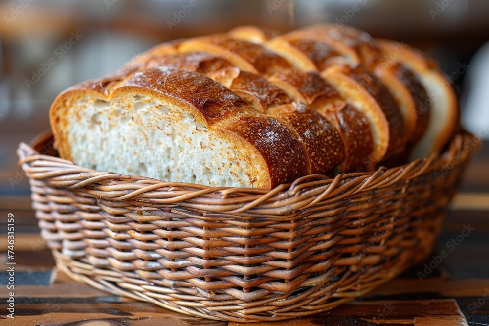 Sliced bread in a woven basket. Food and bakery concept.