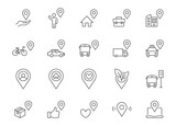 Location line icon set. Map pin, you are here, bus stop, taxi parking, green zone, place of work, cargo tracking outline vector illustration. Simple linear pictogram for navigation. Editable Stroke