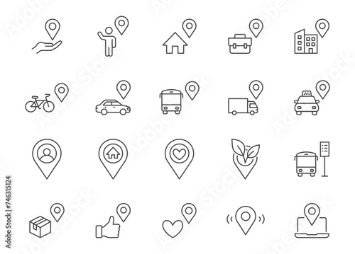 Location line icon set. Map pin, you are here, bus stop, taxi parking, green zone, place of work, cargo tracking outline vector illustration. Simple linear pictogram for navigation. Editable Stroke
