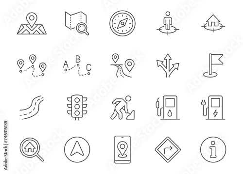 Location line icon set. Map pin, gps signal, route, distance marker, road works, fuel, traffic lights outline vector illustration. Simple linear pictogram for navigation. Editable Stroke