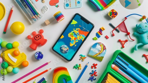 Children's learning technology with a smartphone There are emoji pictures. Classroom stationery, world pictures, jigsaw puzzles, and science equipment