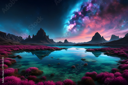 surreal scene of a vast, alien landscape populated by bioluminescent flora and fauna, with a mesmerizing nebula stretching across the sky above.