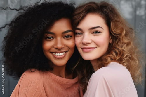 Two smiling women with curly and wavy hair posing together.