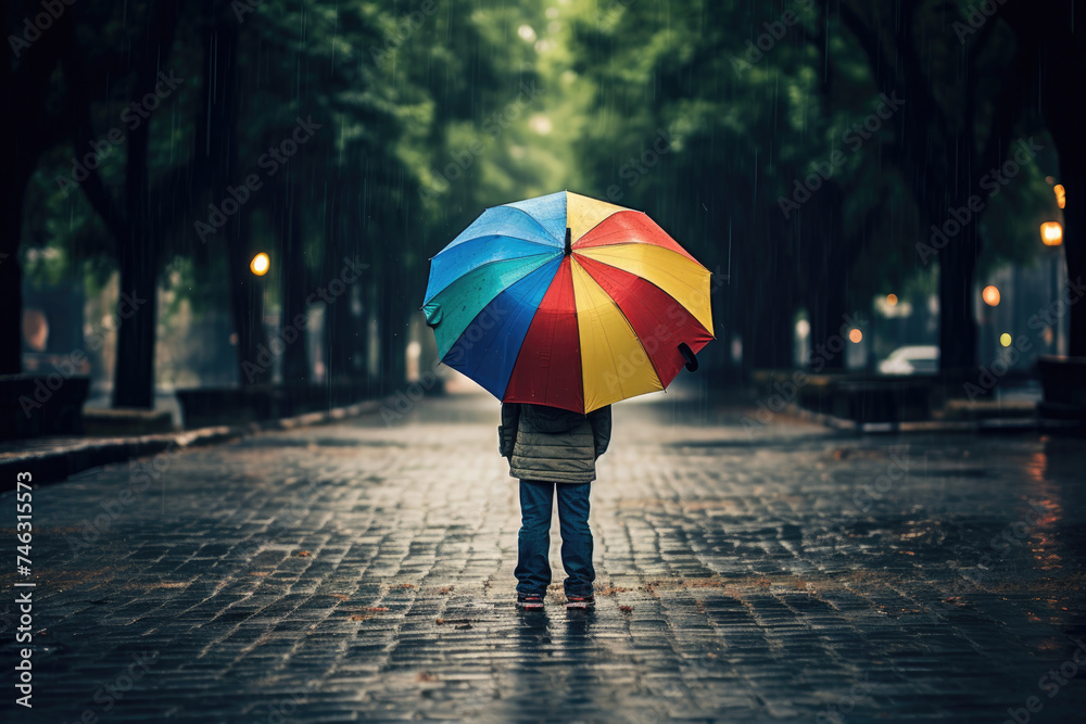 Child holding a colorful umbrella in the rain on a city street.