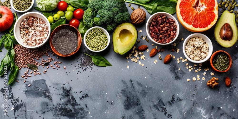 Assortment of Healthy Foods: Fruits, Veggies, Superfoods on Concrete Assortment of Healthy Foods: Fruits, Veggies, Superfoods on Concrete
