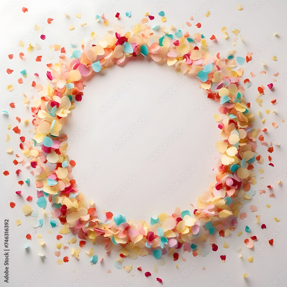 Colorful confetti on white background. Flat lay, top view