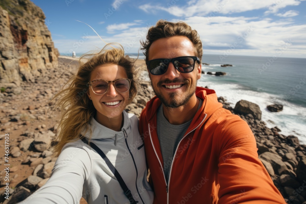 Happy couple taking a selfie on a rocky beach with ocean background.