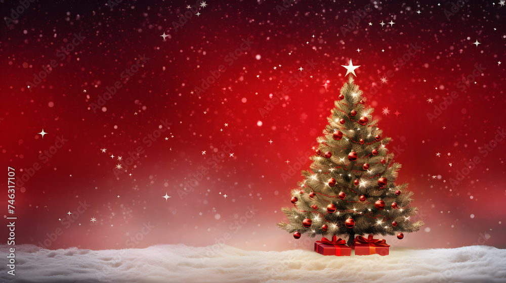 snowing christmas tree red banner
