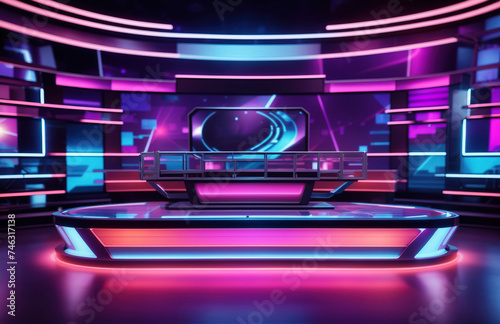 Modern tv game show studio set glowing with neon lights and futuristic design