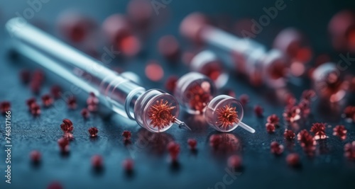  Close-up of a syringe with a red substance, possibly a medication or a dye, on a dark background