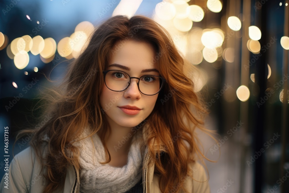 Portrait of young woman with glasses at twilight with city lights bokeh. Portrait of young woman with glasses at twilight with city lights bokeh.