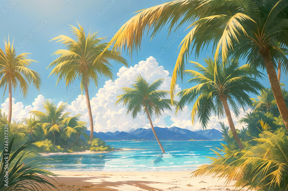 A beach with palm trees, sand, and a blue sky