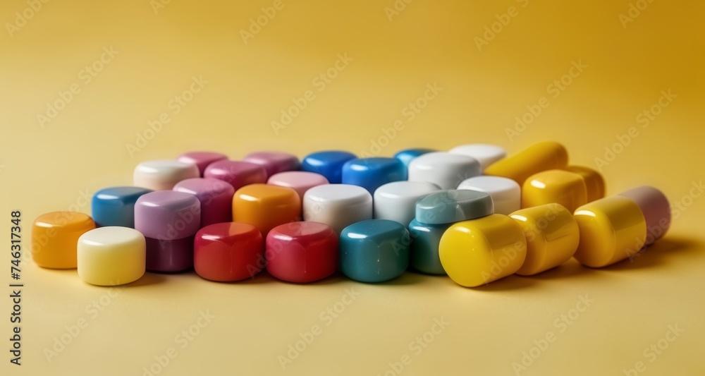 Colorful plastic beads on a yellow background