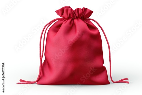 Red satin drawstring pouch isolated on white background.