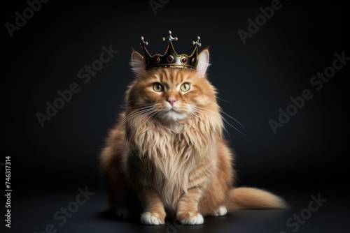 Regal orange tabby cat with a crown on a black background. photo