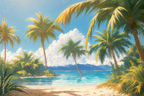 A beach with palm trees  sand  and a blue sky