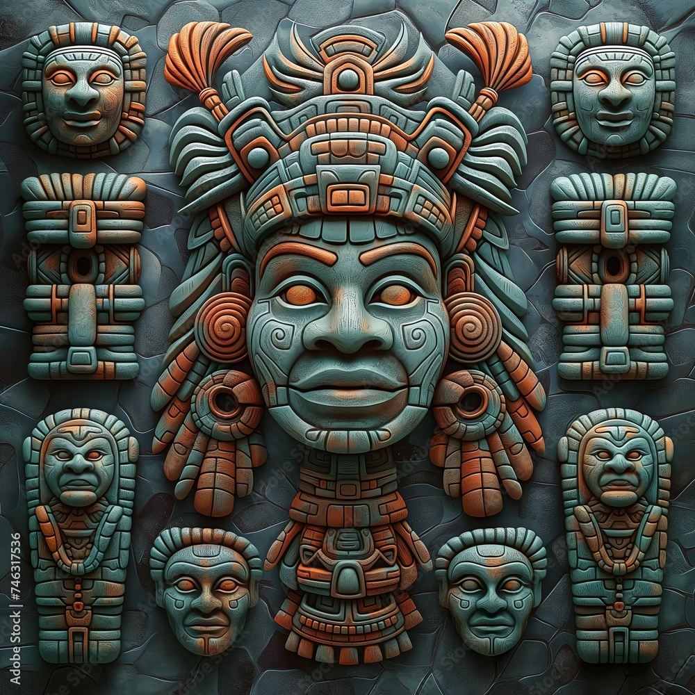 Fototapeta premium Jade Images Of The Gods Of The Ancient People. Illustration On The Theme Of Civilizations And Computer Games, History And Archaeology. Generative AI