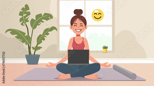 Happy woman watches video on laptop while exercising on yoga mat at home