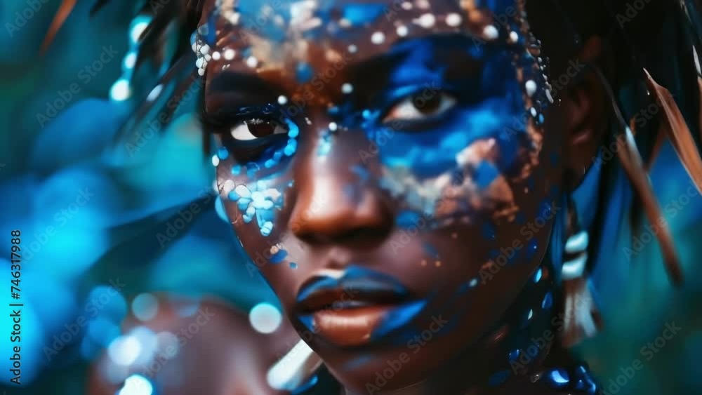 A striking portrait of a woman with dramatic tribal face paint and electric blue spark accents, embodying the spirit of an African queen.