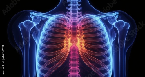  Illuminated human ribcage and spine, 3D rendering © vivekFx