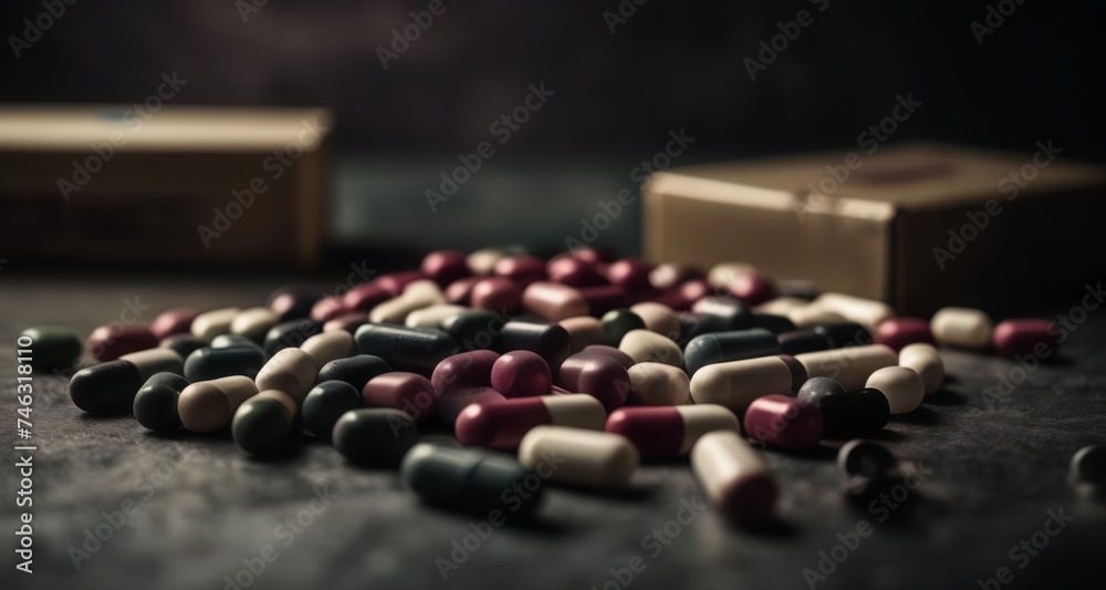 A collection of colorful pills scattered on a surface A collection of colorful pills scattered on a surface