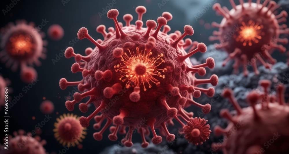 Viral threat - A close-up view of a virus, a microscopic menace Viral threat - A close-up view of a virus, a microscopic menace
