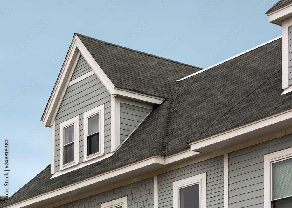 Detailed view of a gable-style dormer window on a sloped roof of a newly built family house in Brighton, MA, USA
