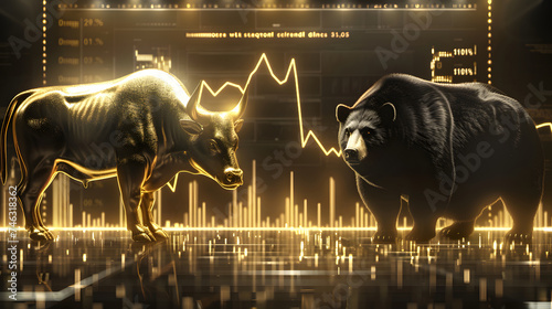 Stock market infographics with the illustration of Bull, chart and growth bar,  stock market infographic with a gold and black color scheme, featuring a bull and bear chart,  photo