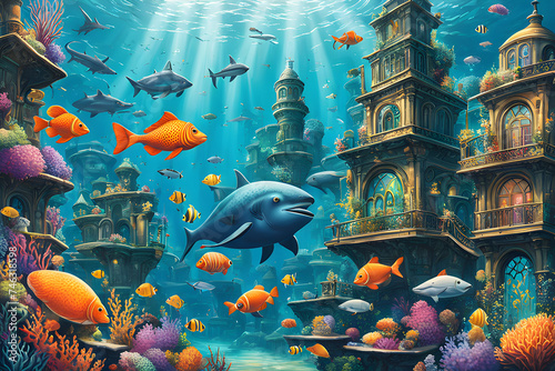 whimsical underwater metropolis inhabited by anthropomorphic sea creatures, bustling with activity and vibrant colors.