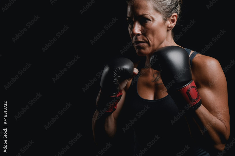 Middle age mature lady looking bad in boxe defence posture pose. Concept of woman athlete training hard. Empowerment and sport activity for female people in dark black background copy space