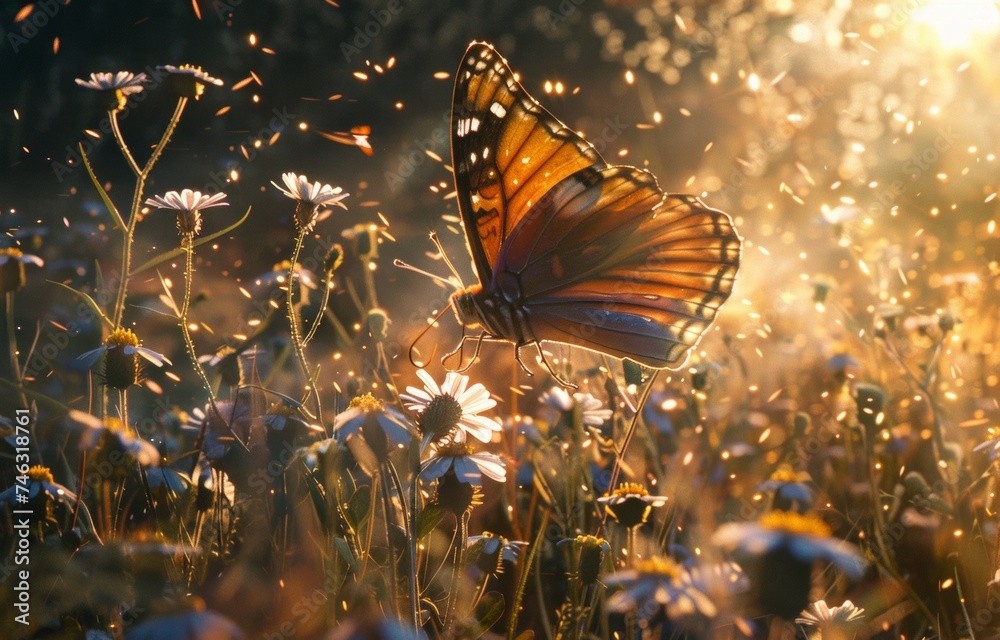 Golden Hour Butterfly on Wildflowers - Magical Nature Scene with Warm Sunlight