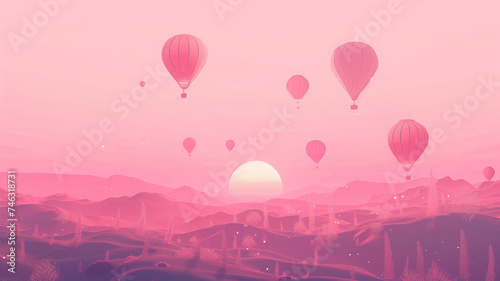 a pink landscape of hot air balloons