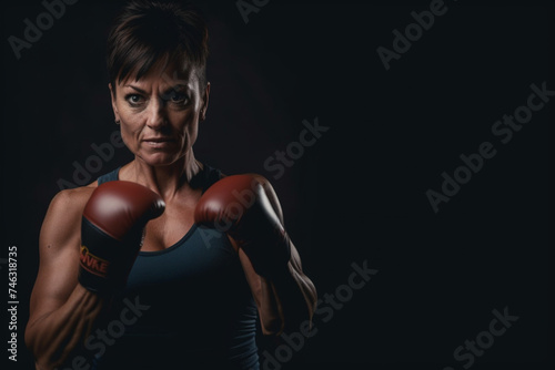 Middle age mature lady looking bad in boxe defence posture pose. Concept of woman athlete training hard. Empowerment and sport activity for female people in dark black background copy space