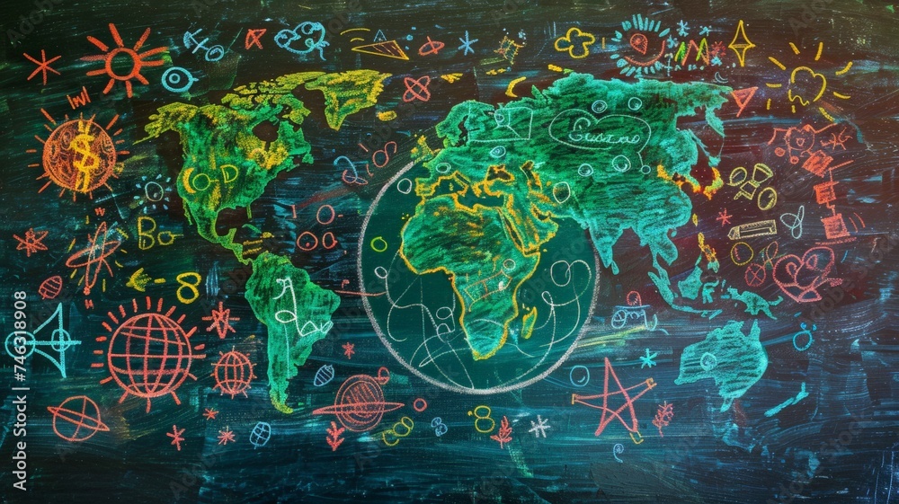 Children learn about the world that inspires science education with a girl's imagination doodle on the school blackboard.