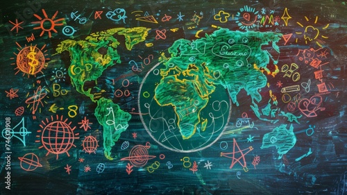 Children learn about the world that inspires science education with a girl's imagination doodle on the school blackboard. © Annawet boongurd